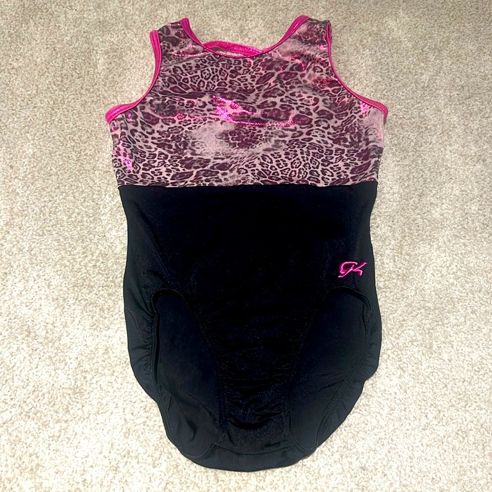 GK Elite pink and black leopard print leotard size AS